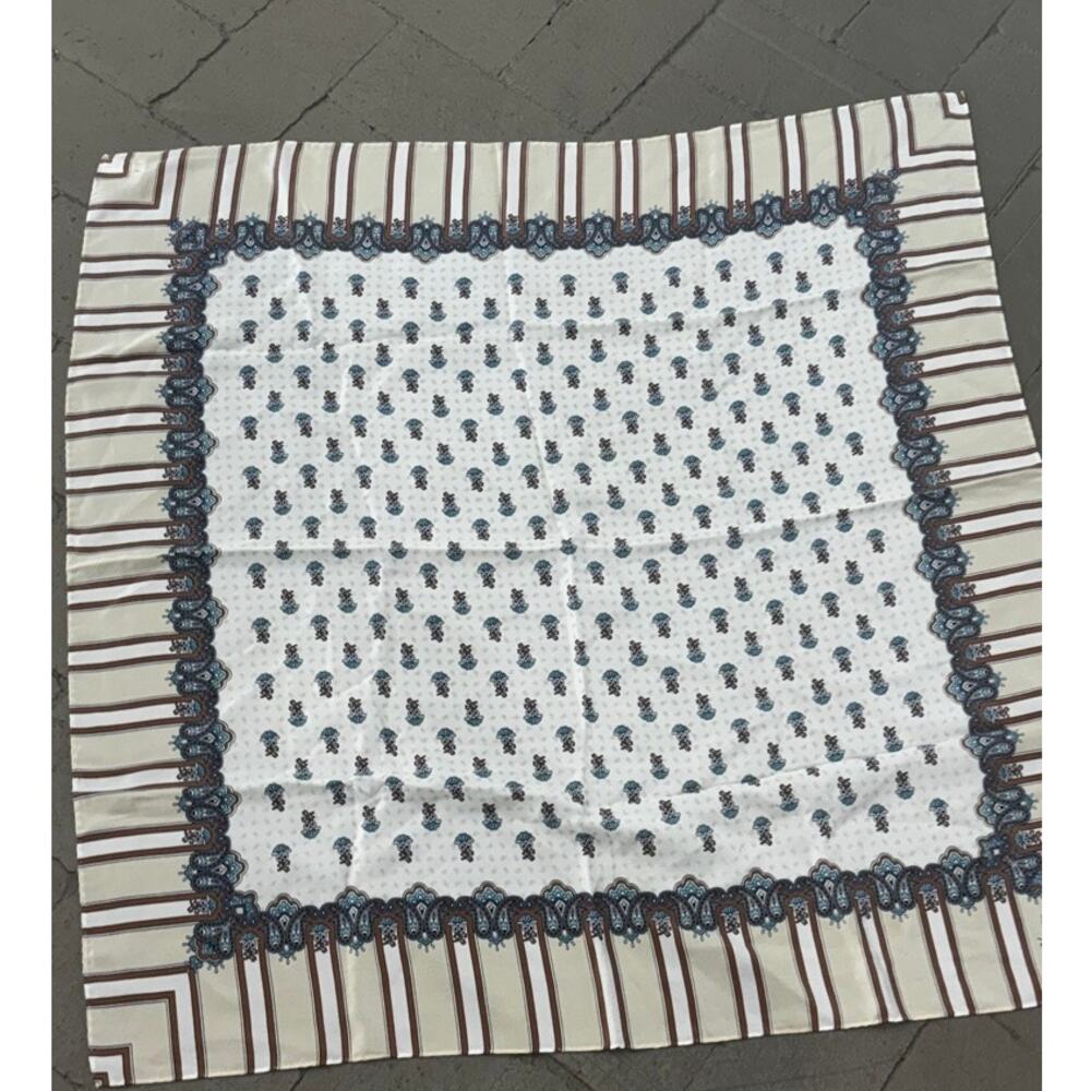 Jim Thompson 100% Silk Scarf Thailand Blue Brown Paisley Border Square Vintage